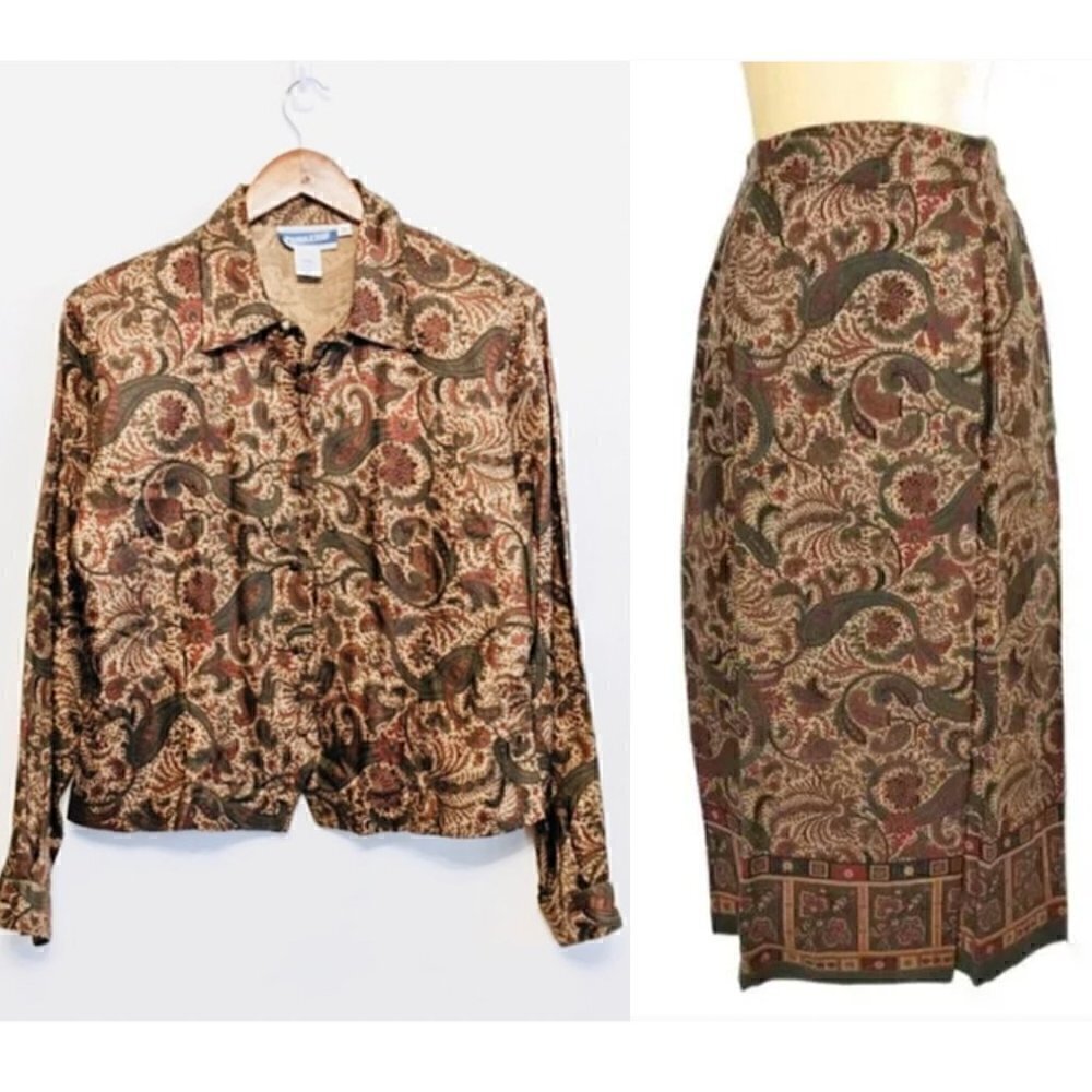 Pendleton Top & Skirt Set 8 10 Faux Wrap Paisley Print Fabric Button Vintage 90s